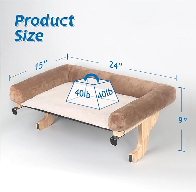 Cat Perch for Window Sill with Bolster - Orthopedic Hammock Design with Premium Hardwood & Robust Metal Frame - Cat Window Seat for Large Cats and Kittens - Natural Color Wood with Brown Bed