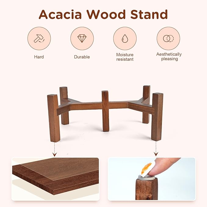 SPUNKYJUNKY Ceramic Dog Bowls Dog Bowl Set with Acacia Wood Stand Raised Dog Bowl Dog Food and Water Bowl for Small Medium Sized Dog (Shallow, 15.5cm)