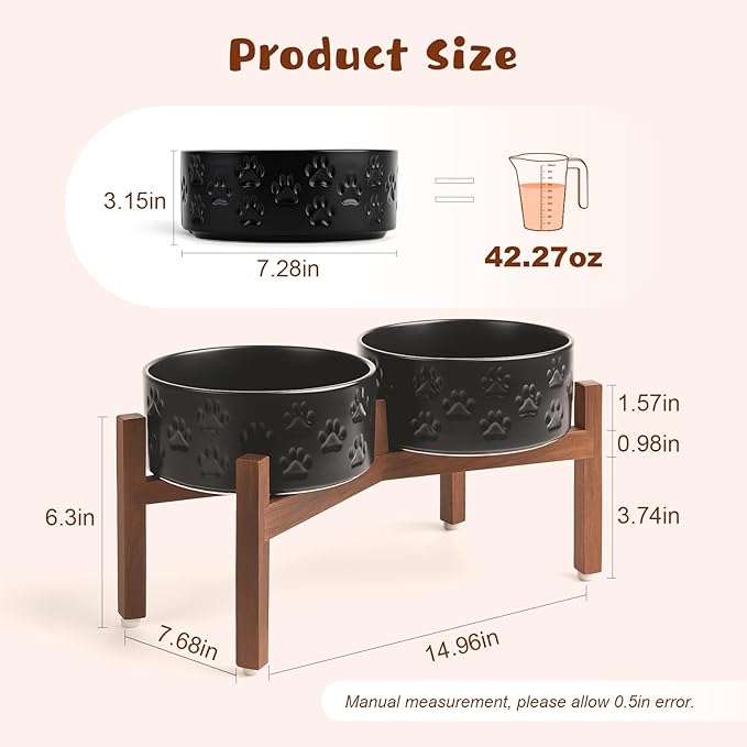 SPUNKYJUNKY Ceramic Elevated Dog Bowl Set with Acacia Wood Stand for Food and Water for Medium Dogs (42.27 OZ, Black, Dog Paw Pattern)