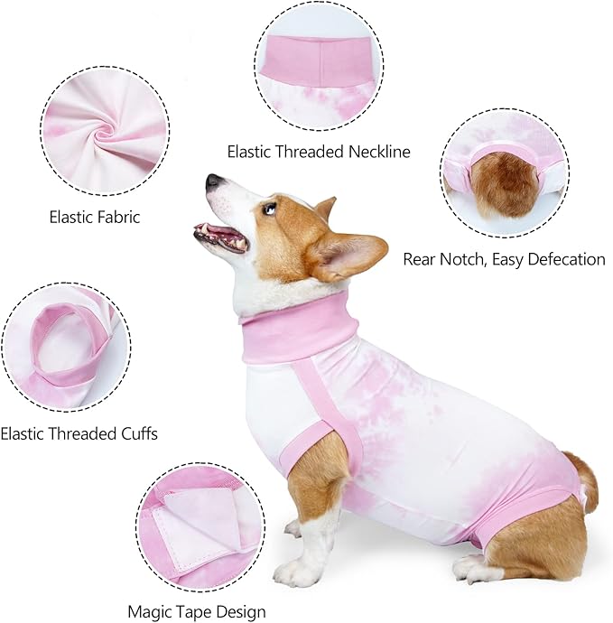 Dogs Onesie Suit for Male/Female Breathable Dog Recovery Tie Dye Pjs Wound After Surgery Wear, Prevent Licking Wounds, E-Collar & Cone Alternatives XL Pink2