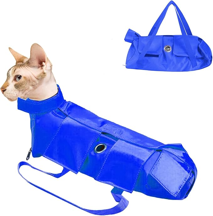 HDKUW Cat Grooming Bag,Foldable Travel Carrier for Cats,Anti-Bite Anti-Scratch Cat Grooming Restraint Bag,Pet Carrier for Administering Eye Drops,Ear Cleaner,Clipping Nails Blue M