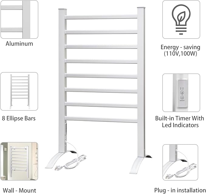 KEG Towel Warmer 8 Bars for Bathroom Freestanding or Wall Mounted Bath Towel Heater Plug-in with Built-in Timer Silver