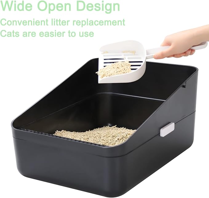 Sfozstra Open Top Litter Box: Black Medium Size with High Sides & Anti Leak Design, Easy Clean Litter Pan for Home Cats