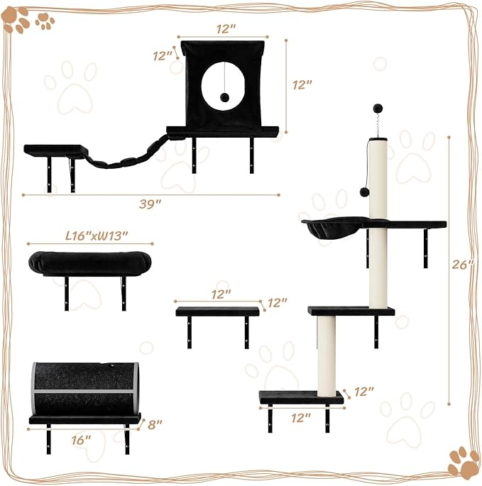 NUNU LAB Cat Wall Shelves Set, 7 Pcs Wall-Mounted Cat Climber with Cat House, Tunnel, Bridge, Scratching Post, Hammock, Wall Shelves, Black