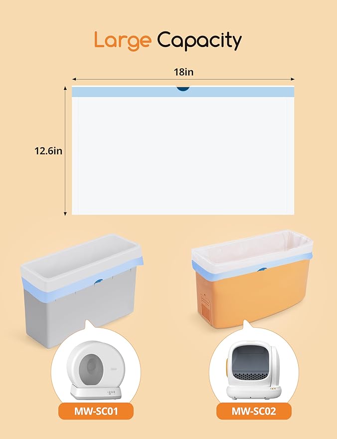 MeoWant Cat Litter Box Liner -120PCS Heavy Duty Drawstring Trash Bags for MeoWant MW-SC01/MW-SC02 Automatic Self-Cleaning Boxes, Extra Thick Leakproof, 6 Rolls (20 Bags/Roll)