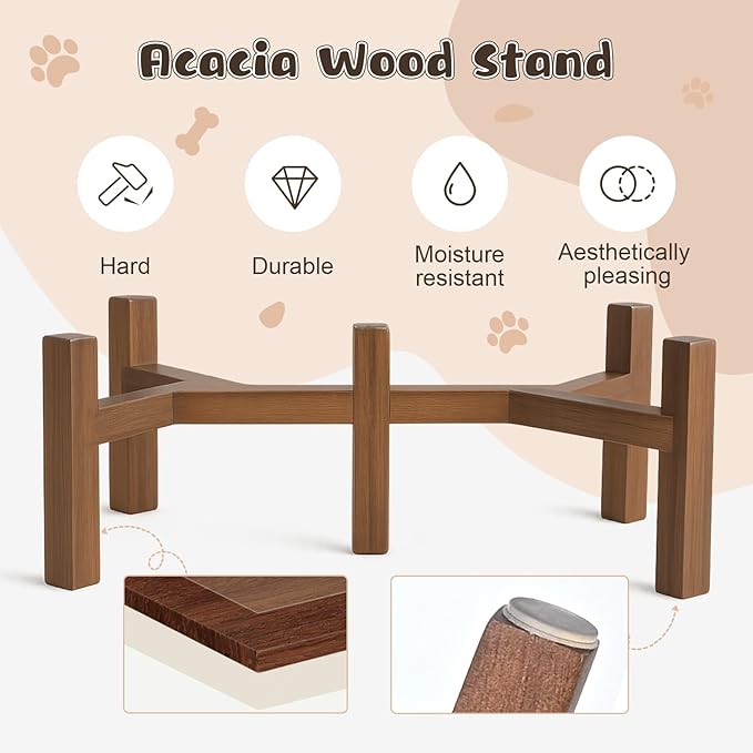 SPUNKYJUNKY Ceramic Elevated Dog Bowl Set with Acacia Wood Stand for Food and Water for Small Medium Sized Dogs (28.74 OZ, White, Dog Paw Pattern)