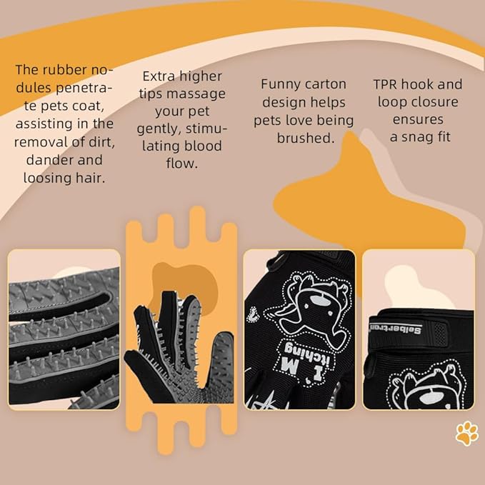 Seibertron Patented P.G.M.G-1 Pet Hair Remover/Deshedding Grooming Gloves Seven Sizes Fit All Works for Dogs, Horses, Cats and Other Animals Short Fur(1-Pair) Adult Black S