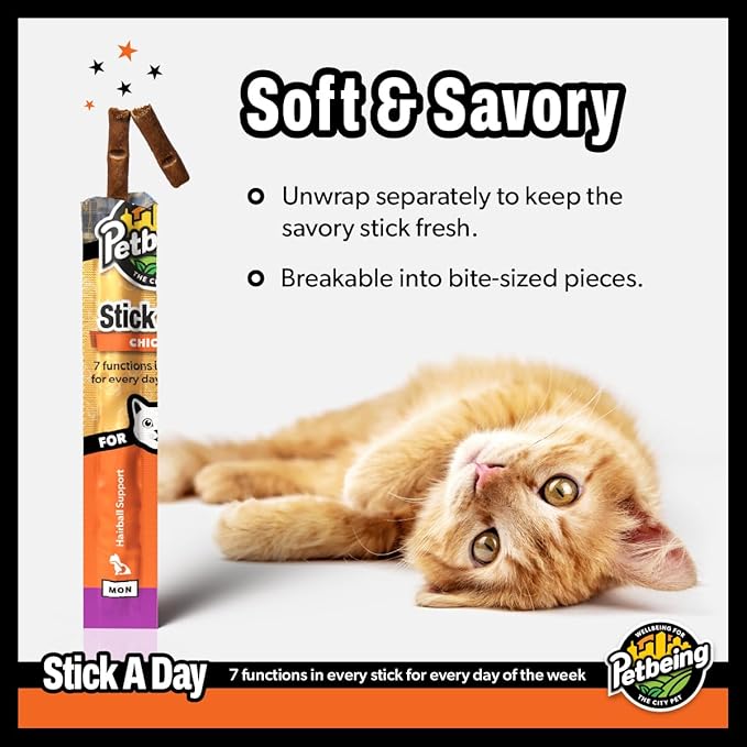 Stick a Day | Specially Formulated 7-in-1 Functions Daily Real Meat Supplement for Cats | Cat Chew Stick & Pet Vitamins Supplements Combination (7-Pack x 4, Chicken)
