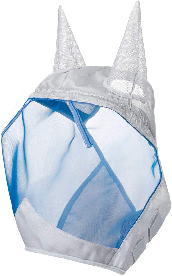 Harrison Howard CareMaster Horse Fly Mask Half Face with Ears Silver/Blue Retro Small Pony