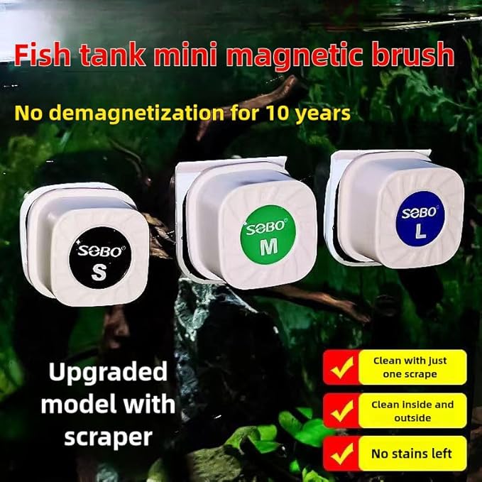 Mini Magnetic Aquarium Brush with Scraper Blade - Fish Tank Dirt Remover for Small Glass/Acrylic Tanks, Safe for Betta & Shrimp (5-20 Gallon) (Small)