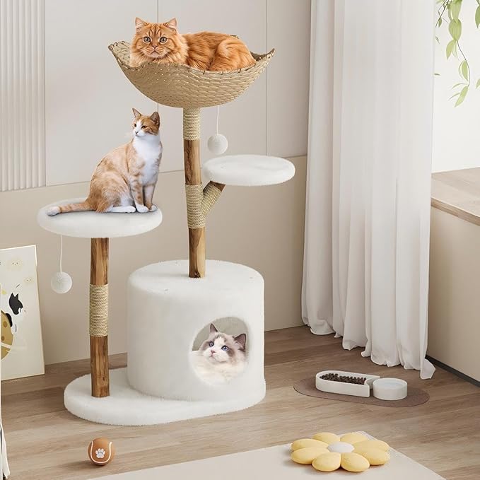 Modern Wood Cat Tree Tower for Large Cats | Luxury Solid Pear Wood Condo with Platforms, Scratching Posts & All-Season Mats, 43" Aesthetic Cat Furniture, 2 Branch