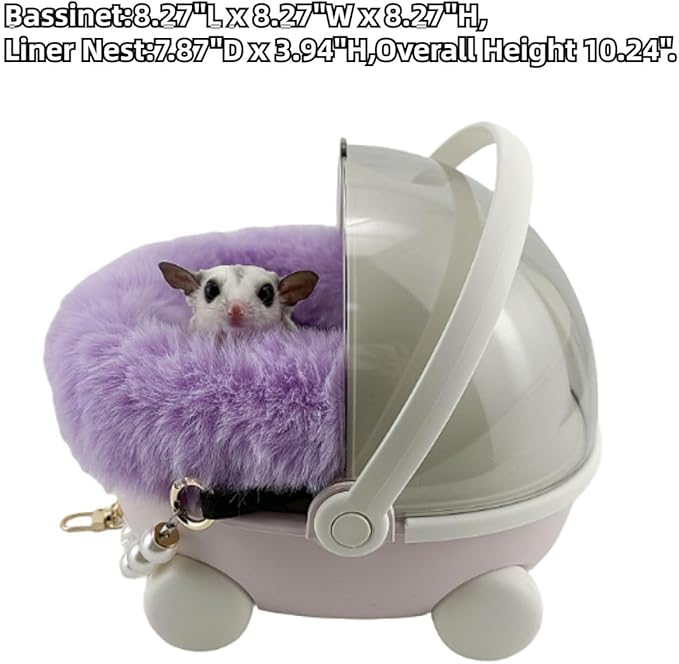 Sugar Glider Carrier Cage with Warm Nest, Cushion, Mat and Safe Lock, Portable Cages with Chain, Small Animals Travel Carrier Plastic Breathable Outgoing Box for Hamsters (Purple)
