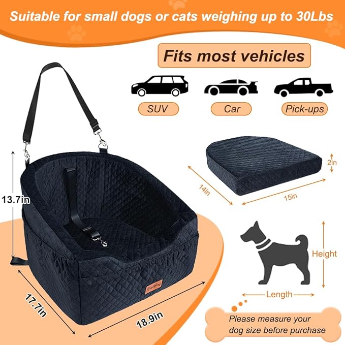 Vivifying Dog Car Seat for Small & Medium Dogs, Detachable & Washable Booster Seat for Pets Up to 30lbs, Travel Bed with Storage Pockets and Safety Belt – Black
