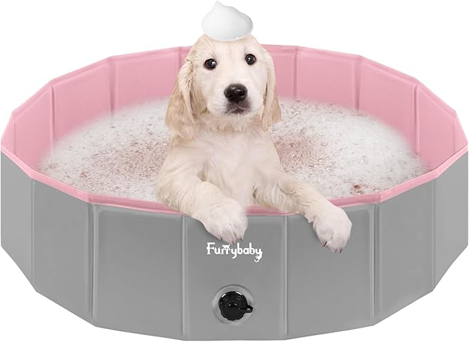 Furrybaby Dog Pool, Kiddie Pool Hard Plastic, Collapsible Pet Bath Foldable Swimming Pet Pool Portable Pink 32''