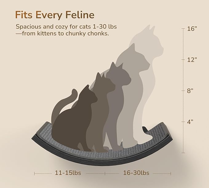 Wall Mounted Curved Cat Hammock with Grey Sisal Pad – Scratch-Friendly Cat Nest Perch for Wall – Large Floating Bed for Indoor Cats