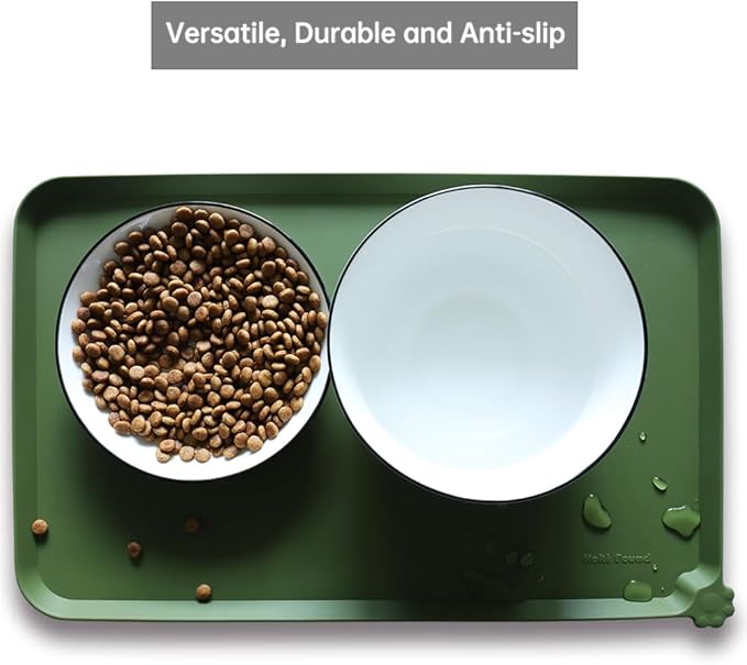 Hoki Found Silicone Pet Food Mat - High-Lips Dog Cat Bowl Placemat - Waterproof, Dark Olive