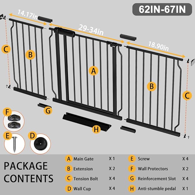 Fairy Baby Extra Wide Baby Gate Black 62-67 Inch Wide, Walk Through Pressure Mounted No Drill, Long and Large Tension Gate for Pet and Kids