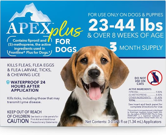 Apex Plus Flea and Tick Prevention for Dogs | Medium (23-44 lbs) | 3-Month Supply | Dog Flea and Tick Treatment | 24-Hour Activation, Waterproof, 30-Day Protection