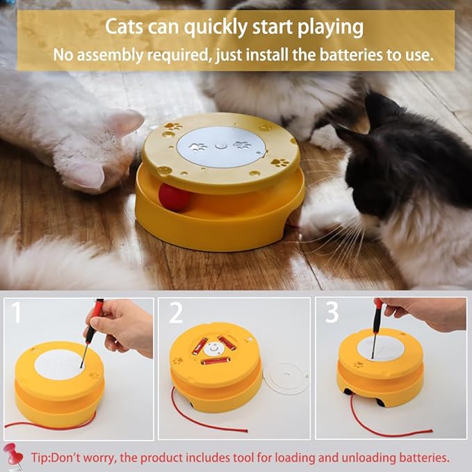 LASOCUHOO 2-in-1 Automatic Cat Toy with Track & Jumping String – Interactive Electric Toy with Rolling Balls & Bell, Battery-Powered (3 AA), Auto Shut-Off for Multi-Cat Play