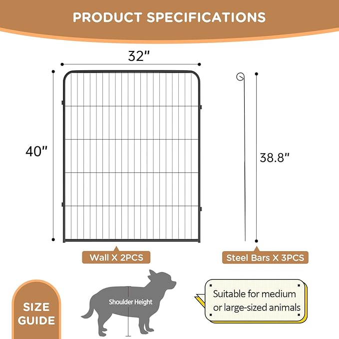 BestPet | Dog Playpen Extender | 40 Inch, 2 Panels | Heavy Duty Metal Pet Exercise Pen | Indoor Outdoor Fence Panels | Rust-Resistant, Removable, Tool-Free Setup | Anti-Skid, Expandable Design