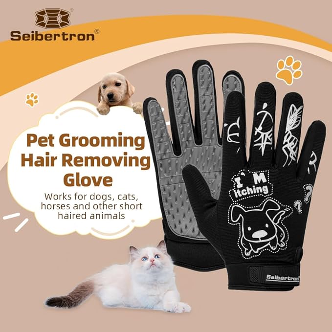 Seibertron Patented P.G.M.G-1 Pet Hair Remover/Deshedding Grooming Gloves Seven Sizes Fit All Works for Dogs, Horses, Cats and Other Animals Short Fur(1-Pair) Adult Black XXL