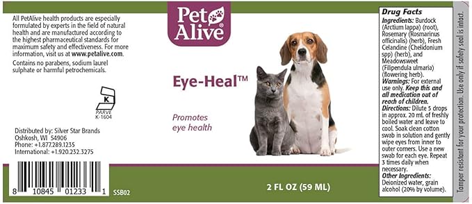 PetAlive Eye-Heal - Natural Herbal Formula Promotes Eye Health in Cats and Dogs - Soothes and Cleanses The Eyes - Supports Removal of Debris - Applies Easily with Cotton Swab - 59 mL