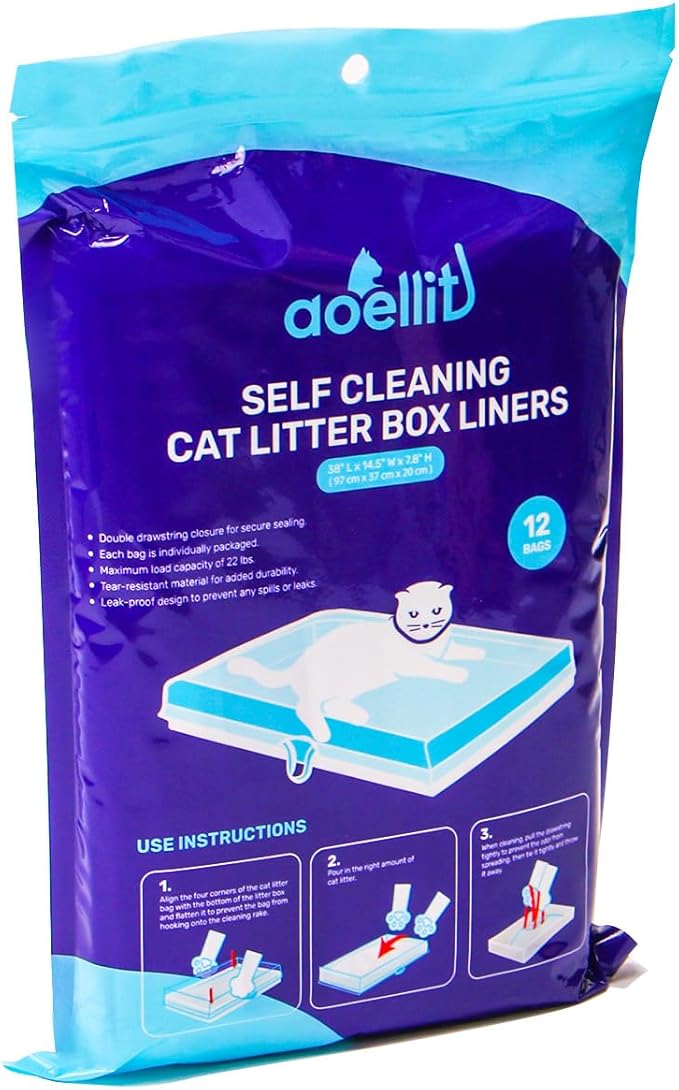 12 Count Litter Box Liners, Waste Bags Compatible with Pet-safe ScoopFree Self-Cleaning Litter Box Tray, Drawstring Litter Bags for Reusable Tray, Pre-Separated (38"L x 14.5"W x 7.8"H)
