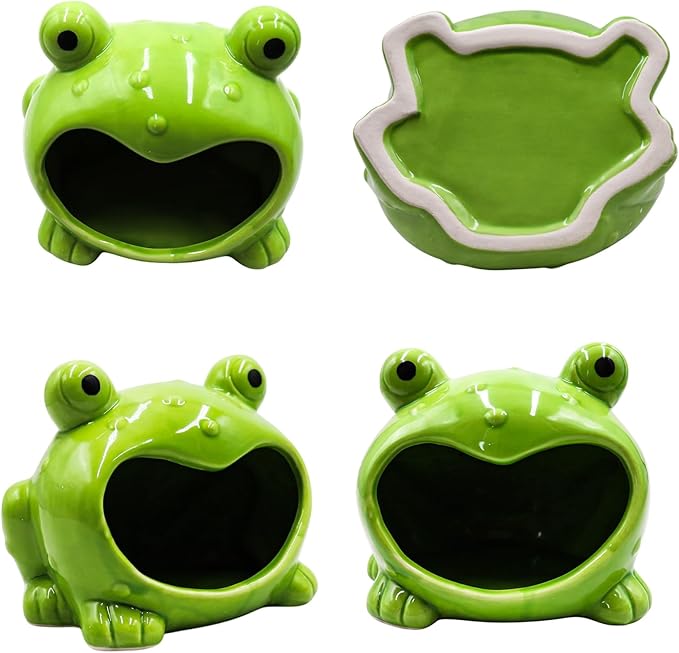 Reptile Tank Accessories – Ceramic Cartoon Frog Hideout with Open-Mouth Entrance, Cute Habitat Shelter for Hermit Crabs, Tortoises, Geckos, Tarantulas & Small Reptiles