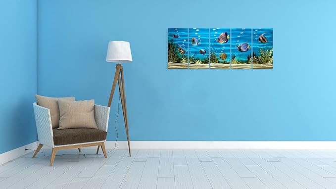 SYGALLERIER School Of Fish Metal Wall Art Handcrafted 3D Coastal Aluminum Artwork Modern Abstract Sea Styles Wall Accent in Blue Green Silver Color for Living Room Bedroom Bathroom Decor