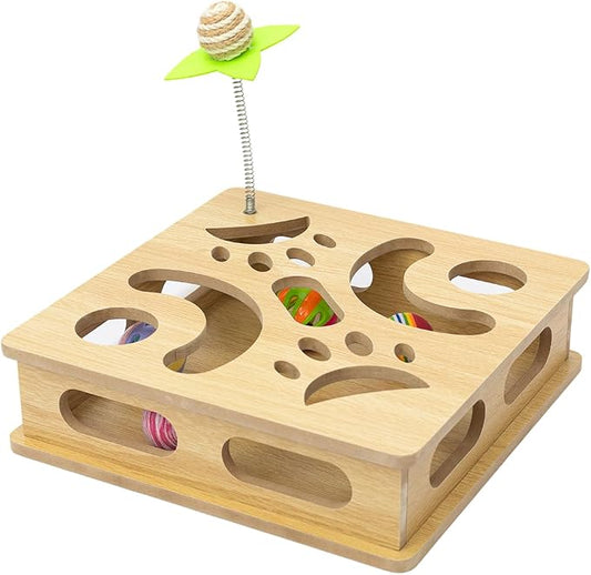 Interactive Wooden Cat Puzzle Toy Box Indoor Hunting Play Toy to Stimulate Your Cat’s Energy and Instincts (Burlywood)