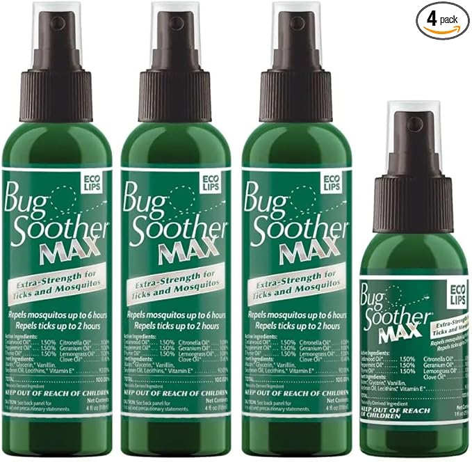 Bug Soother MAX - Extra Strength Natural Gnat, Tick, and Mosquito Repellent, 3 Pack 4 fl oz w/Free 1 oz. Bug Spray Deterrent - DEET Free - Safe for Adults & Environment - Made in USA