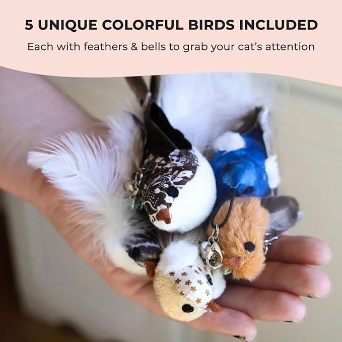 Interactive Bird Simulation Cat Toy Set, Interactive Cat Toys for Indoor Cats, Cat Feather Toy, Self-Holding Suction Base, 5 Replacement Birds, Feathers & Bells, Realistic Bird Impression