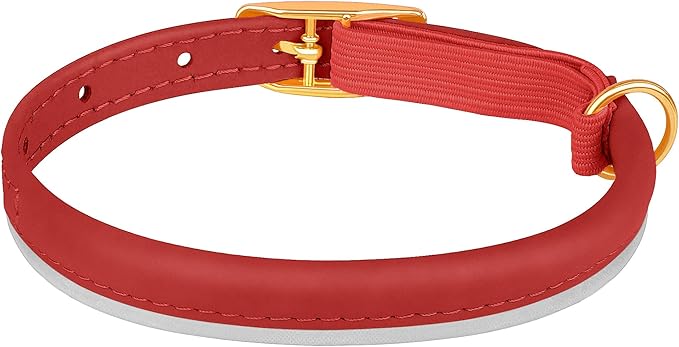 OOPSDOGGY Rolled Leather Cat Collar with Bell - Reflective Kitten Collar with Safety Elastic Strap - Adjustable Small Pet Collars for Boy Girl Cats (Red)