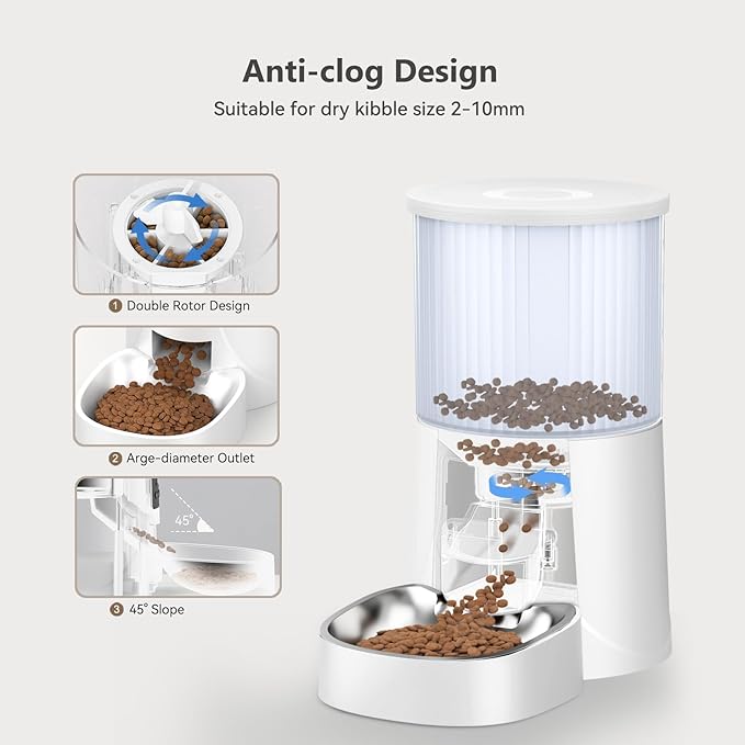 Automatic Cat Feeder: 4L Timed Cats Food Dispenser Programmable 1-6 Meal for Cat and Small Medium Dog- Auto Pet Feeder Dual Power Supply with Stainless Steel& | Detachable Washable White