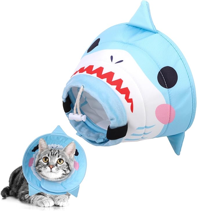KOOLTAIL Cat Cone Collar, Adjustable Soft Comfortable Cat Recovery Collar to Stop Licking, Foldable Donut Water Resistant Pet Cone for Small Large Cats Kittens After Surgery Shark M