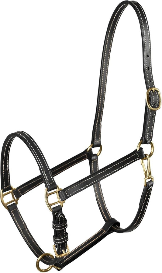HORZE Fremont Soft Synthetic Leather Horse Halter | Fully Adjustable with Brass Hardware & Contrast Stitching - Black - Cob