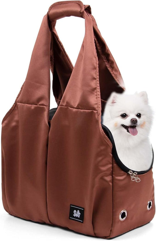 Dog Purse Carrier for Small Dogs, Cats, and Puppies – Soft-Sided Travel Pet Tote Bag with 4 Large Pockets, Foldable, Lightweight, Fits Pets up to 15 lbs, for Travel, Outings (Brown)