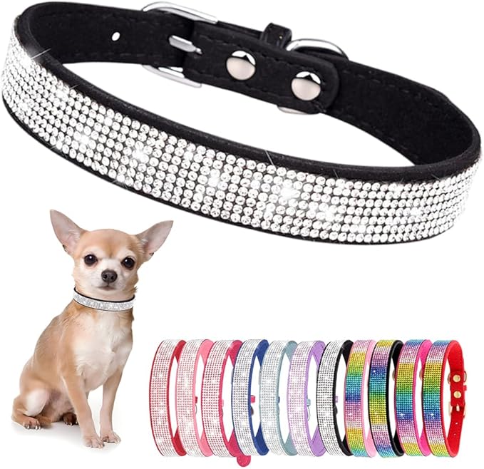 Rhinestone Dog Collar for Small Dogs, Bling Diamond Fancy Crystal Glitter Pretty Jewel Pet Puppy Collars for XXS XS Small Medium Large Breed Girl Dogs Female Cats Kitten, Black XXSmall