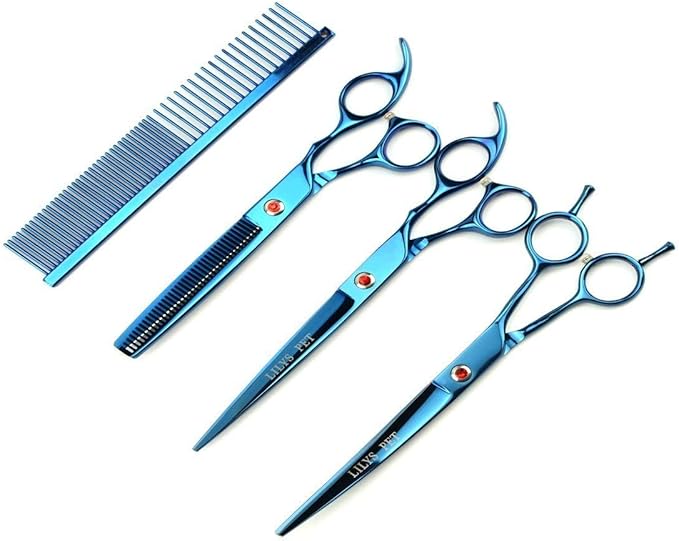 LILYS PET Professional PET Grooming Scissors Kit,Coated Titanium,Sharp and Strong Stainless Steel Blade for Dogs Cats Hair Cutting,3 Pieces of Scissors with a Comb and a Case (8.0 inches, Blue)