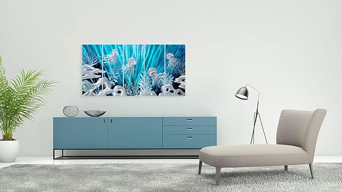 SYGALLERIER Jelly Fish Large Metal Wall Art Hand Grind Aluminum Artwork 3D Undersea World Coastal Pictures Nautical Decor for Living Room Bedroom