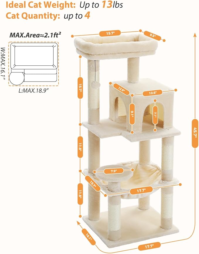 PETEPELA 45.7" Cat Tree for Indoor Cats, 5-Level Cat Tower for Large Cats with Metal Frame Large Hammock (17.3"x15.3"), Cat Condo with (18.5"x13") Big Top Perch & 4 Sisal Covered Scratching Post Beige