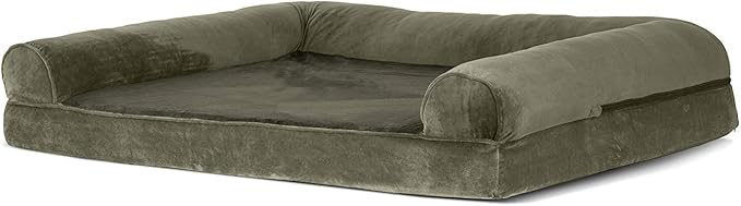 Furhaven Cooling Gel Dog Bed for Large Dogs w/ Removable Bolsters & Washable Cover, For Dogs Up to 95 lbs - Faux Fur & Velvet Sofa - Dark Sage, Jumbo/XL