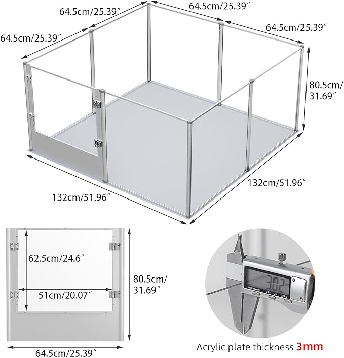 Dog Clear Playpen Fence Kennel: 32” Extra Tall Indoor Pet Birthing Cage Whelping Box with Waterproof Fertility Pad - 52”x52” Extra Large Dogs Exercise Crate Pen Made by Acrylic and Aluminum Frame