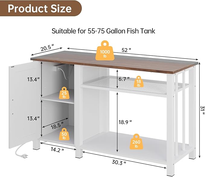 55-75 Gallon Aquarium Stand with Power Outlet, Heavy Duty Fish Tank Stand with Cabinet Storage & Adjustable Shelf, for Fish Tank, Turtle Tank, Reptile Terrarium, 1000LBS Capacity, White