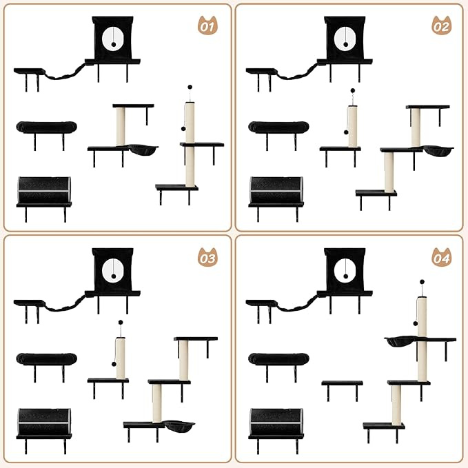 NUNU LAB Wall Mounted Cat Furniture, 7 Pcs Cat Wall Shelves with House, Tunnel, Bridge, Steps, Scratcher, Hammock, Bed, Indoor Safe & Stable Furniture for Kittens Play, Black