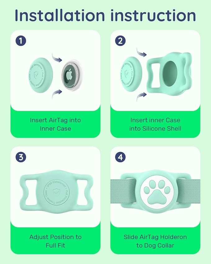 IP68 Waterpoof Dog Airtag Holder, Stretchy Silicone Full Body Covered Apple Air Tag Holder for Dog Cat Collar Fit All Width Collar (Green/Pink, 2 Pack)