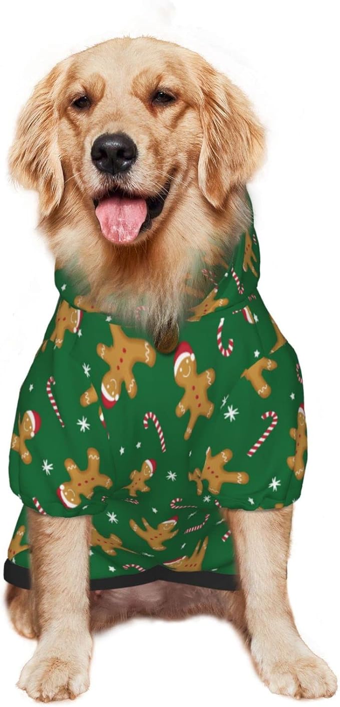 Green Christmas Gingerbread Men Candies Hoodie,Christmas Cosplay Dog Clothes with Pocket and Hat Winter Clothes Sweaters X-Large