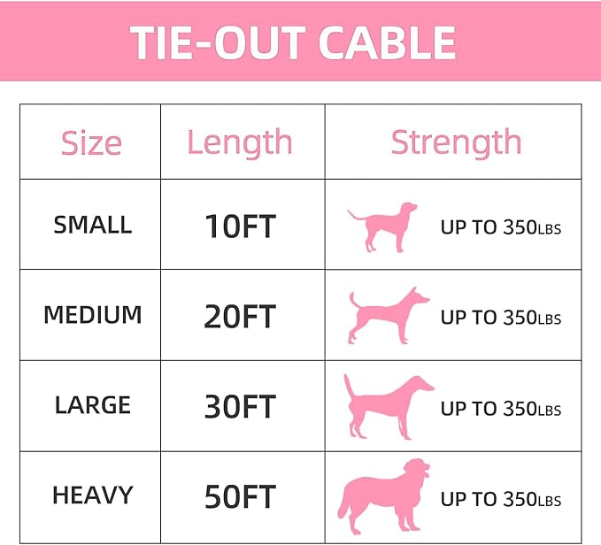 Dog tie Out Cable, 10/20/25/30/50/70/100 feet, Suitable for Dogs up to 350 pounds, Dog Cable with Swivel Buckle, Lightweight, Non-Winding, for Outdoor Camping, Yard Dog Cable (Pink, 10FT)
