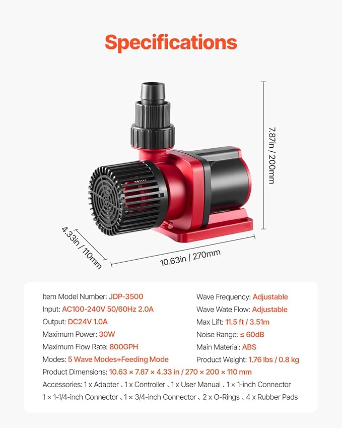 VEVOR Aquarium 24V DC Water Pump, 30W, 800 GPH Marine Wavemaker Return Pump with Controller, Adjustable Flow, Feed Mode, 11.5 ft Maximum Lift, for Saltwater Freshwater Fish Tank Sump Pond Circulation