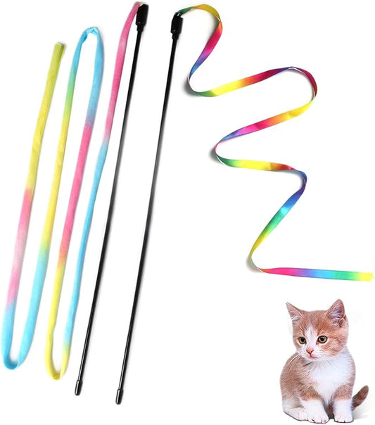 Cat Wand Toys Interactive Kitten Toys for Indoor Cats Colorful Teaser Wand String for Exercise Kitten Stick Kitty Rope Toy Rainbow Ribbon Cat Charmer -2Pcs